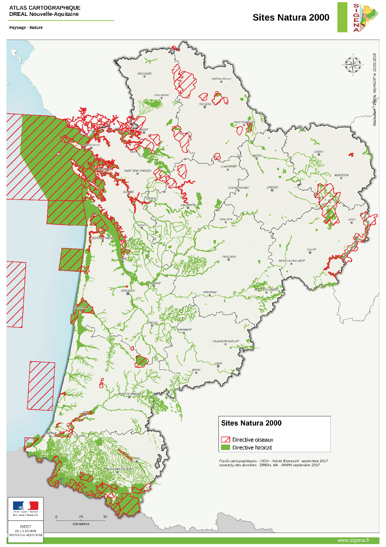 carte réseau sites Natura 2000 en Nouvelle Aquitaine
